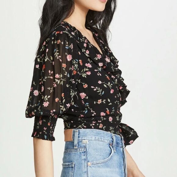 Ganni Paradise Elm Georgette Black Floral Wrap Top - Picture 7 of 14